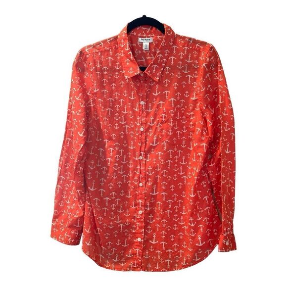 Old Navy Button-Up Red Anchor Print Collared Long Sleeves necklace included - Picture 7 of 11